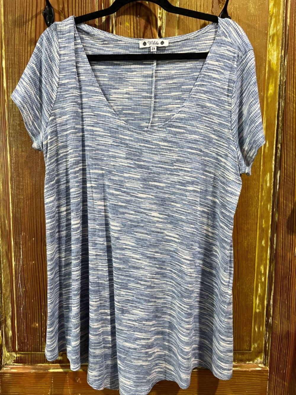 Blue Space-Dye V-Neck Short Sleeve Top